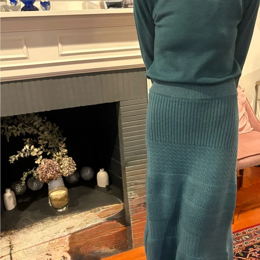 Women's Teal Cowl Neck Knit Sweater & Matching Skirt Set